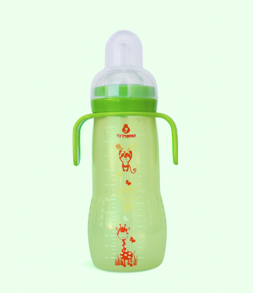قنينة رضاعة YA'MAMA 330 مل للرضيع النشيط – عنق واسع – من بولي بروبيلين (PP) – مع مقبض